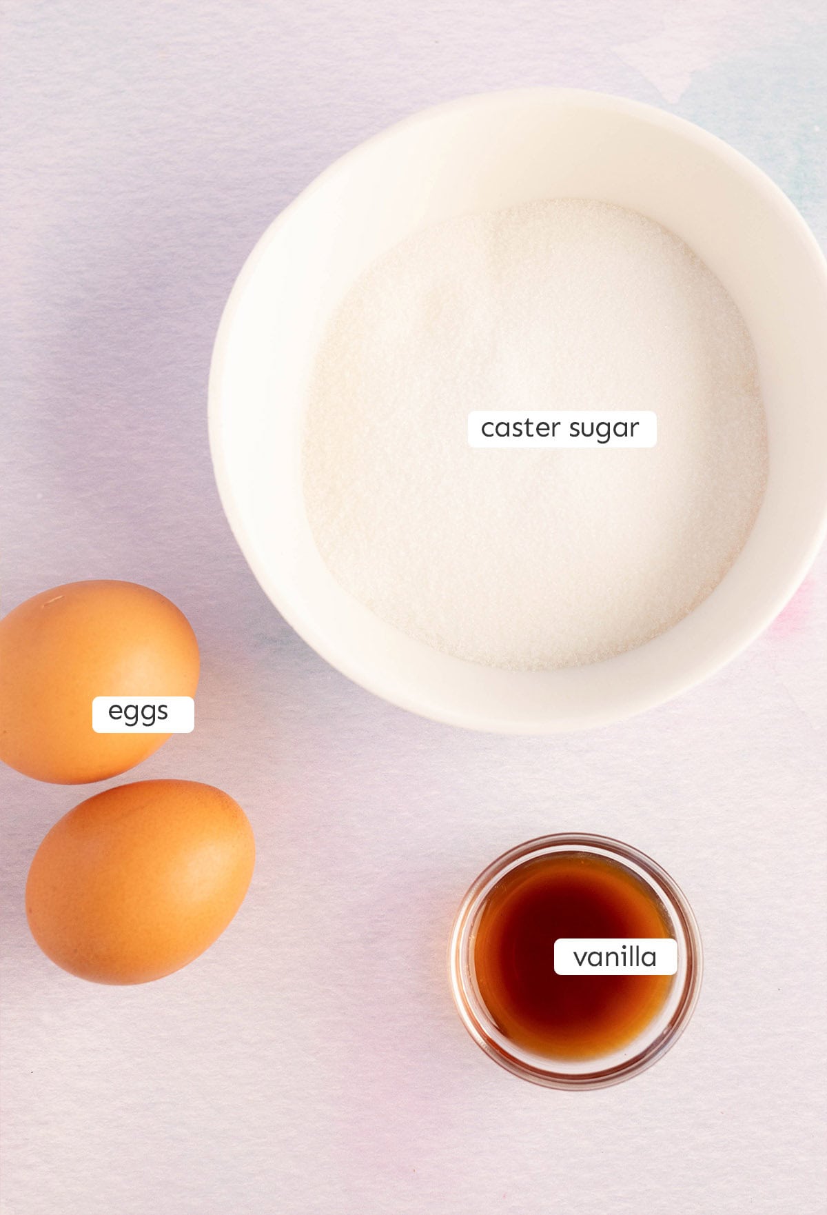 The ingredients needed to make mini meringues from scratch.