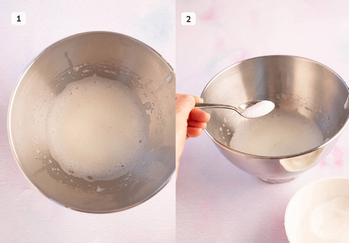 Step by step photos showing how to whip egg whites and slowly add sugar.