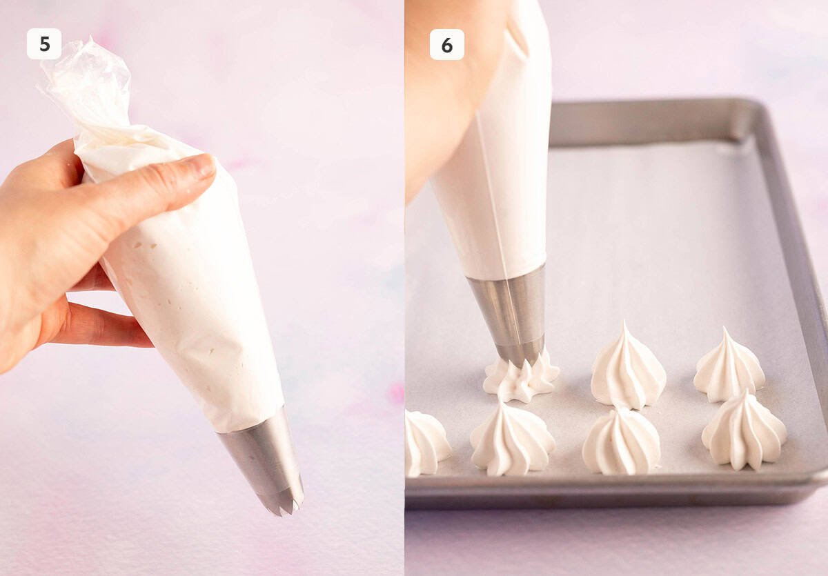 A large piping bag showing how to pipe meringue kisses.