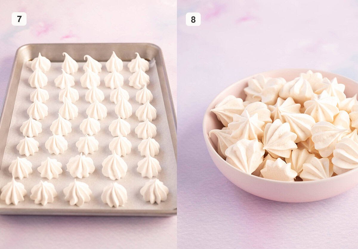 An oven tray of mini meringues fresh from the oven.