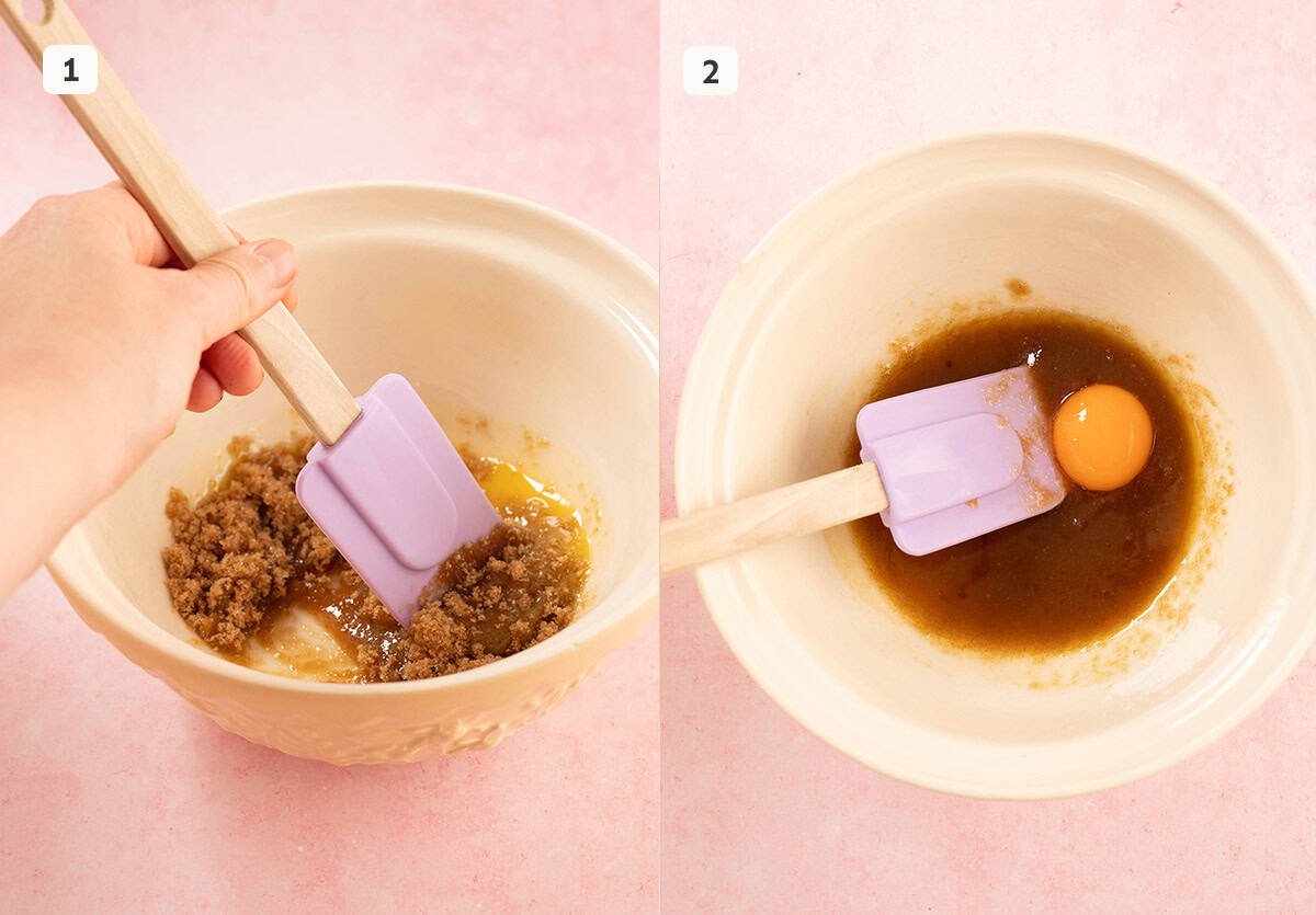Step by step photos showing how to mix the butter and sugar to make cookies from scratch.
