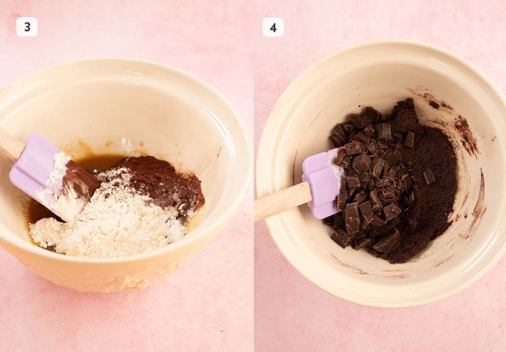 Photo tutorial showing how to mix chocolate cookie dough.