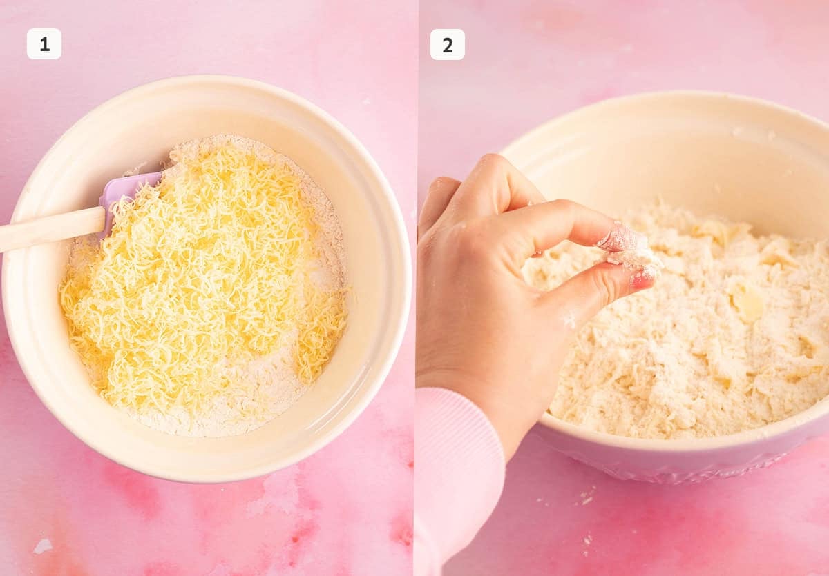 A mixing bowl full of dry ingredients and butter.