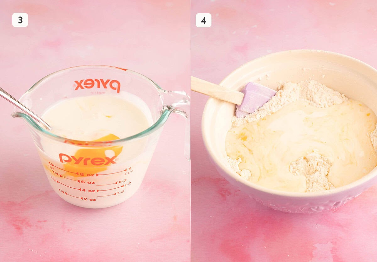 Step by step photos showing how to add buttermilk to scone dough.