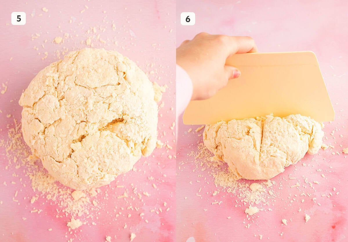 Scone dough being shaped and divided into four.