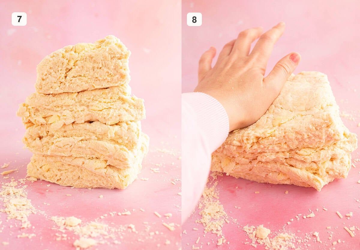 Jessica Holmes' showing how to flatten cheese scone dough by hand.