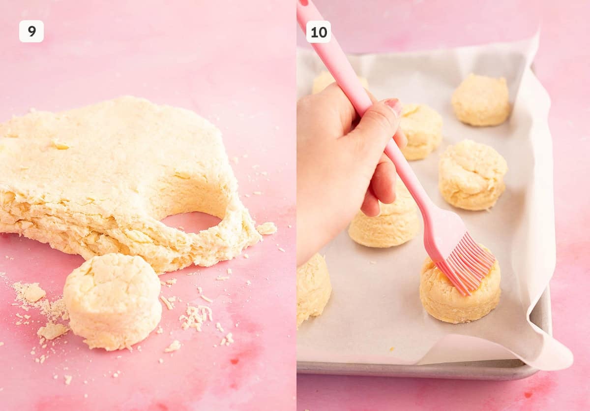 A beautiful cheese scone dough being cut and brushed with an egg wash.