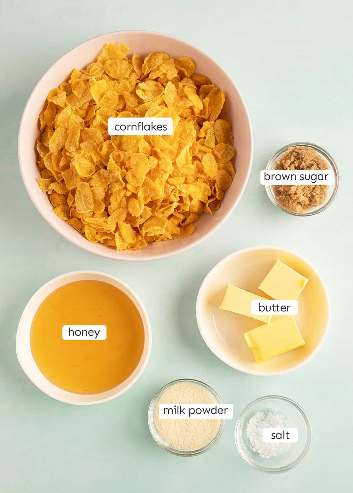 All the ingredients needed to make Cornflake Crunch from scratch.