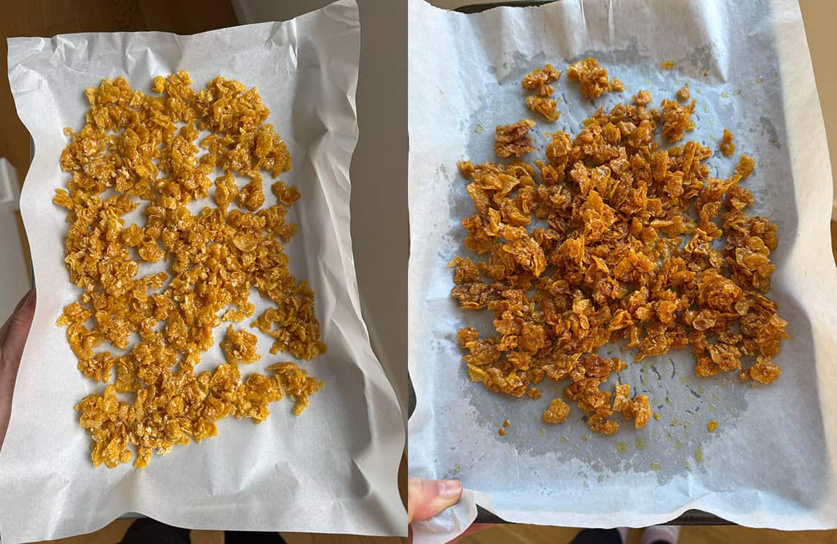 Different versions of Cornflake Crunch showing the recipe testing process.