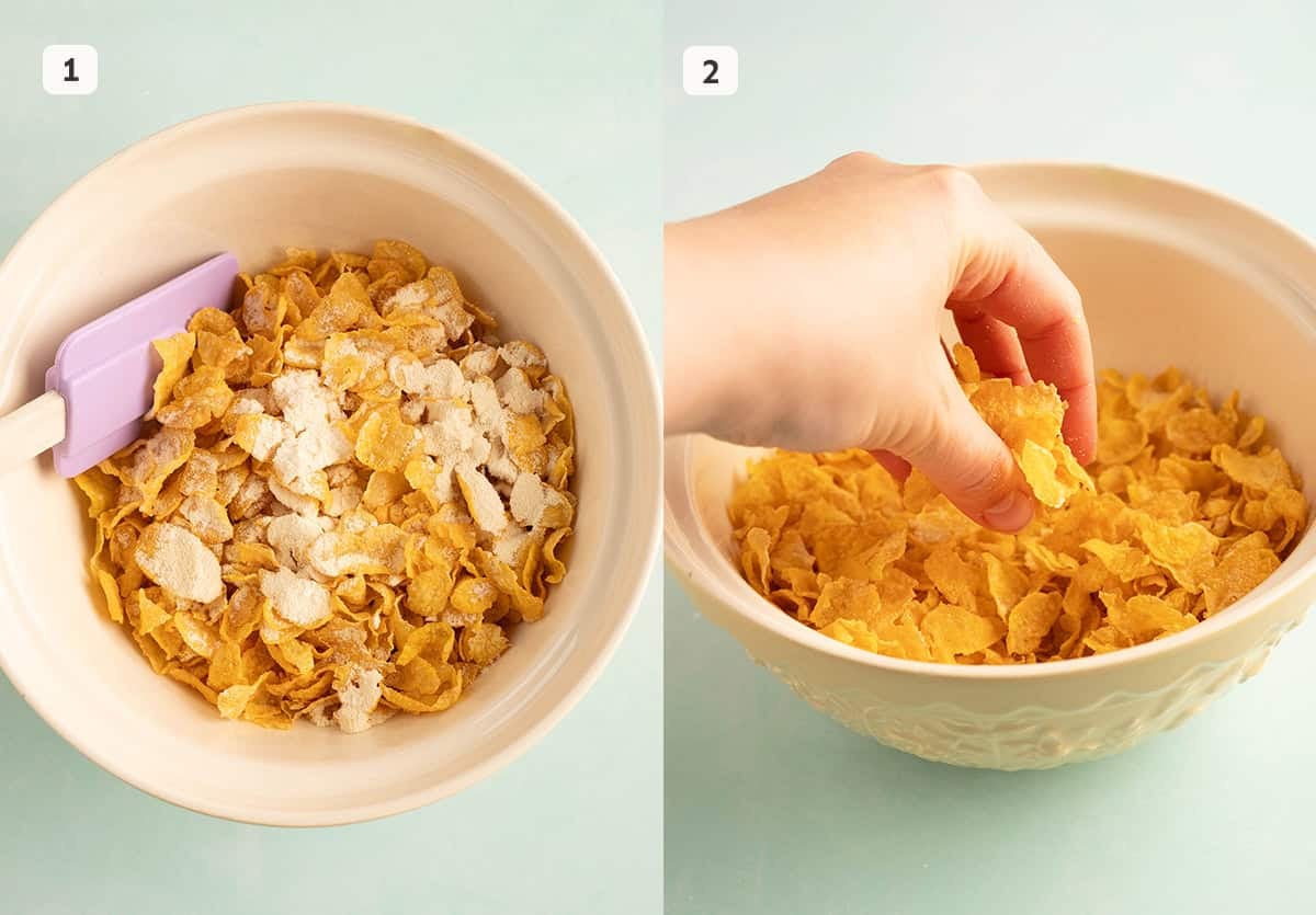 Step by step photos showing how to crush Cornflakes for making Cornflake Crunch from scratch.
