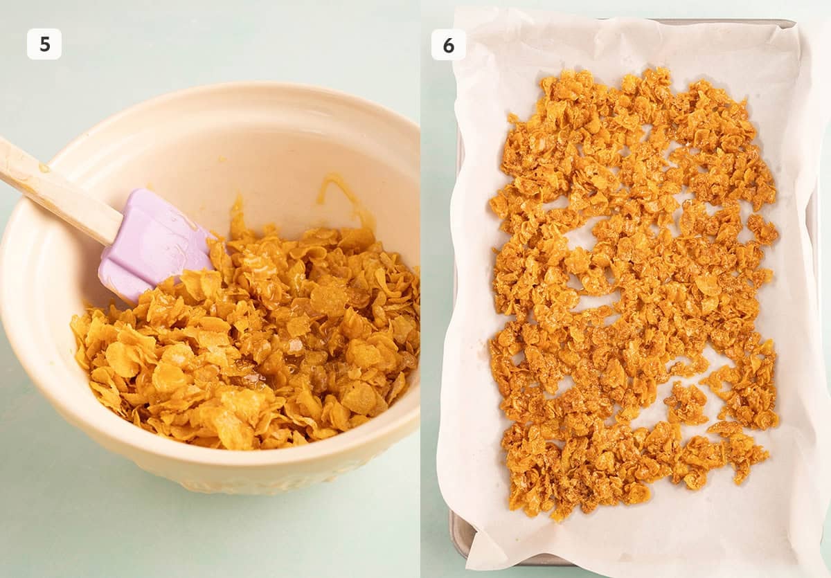 Step by step photos showing how to add caramel to Cornflakes and get ready to bake.