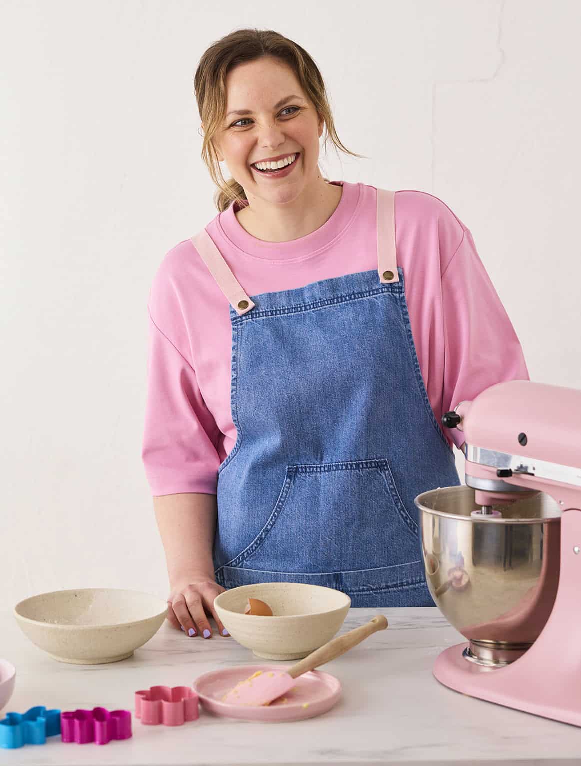Jessica Holmes ready to bake with her pink mixer.