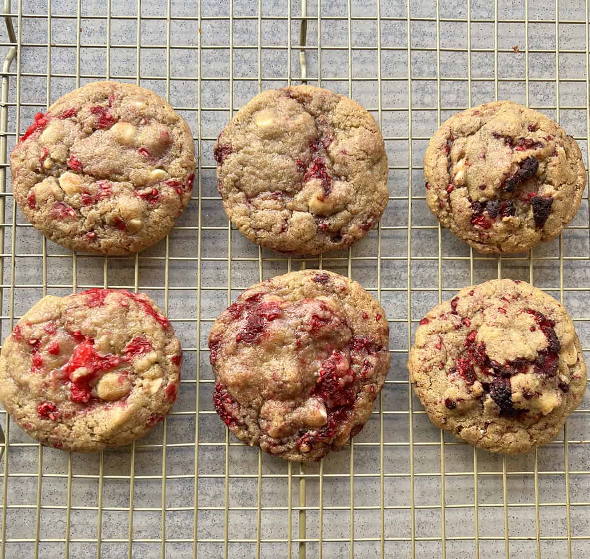 A cookie experiment by Jessica Holmes showing the different berries added to cookie dough. 
