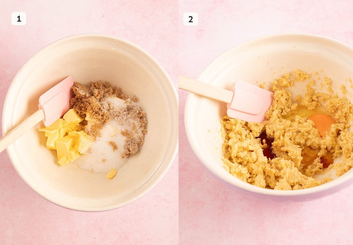 Step by step photos showing how to mix the butter and sugar. 