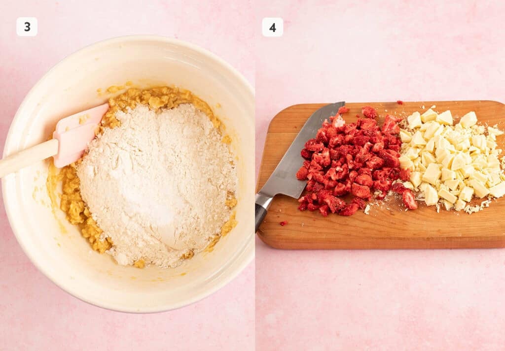 Step by step photos showing how to make cookie dough and chop the freeze-dried strawberries. 