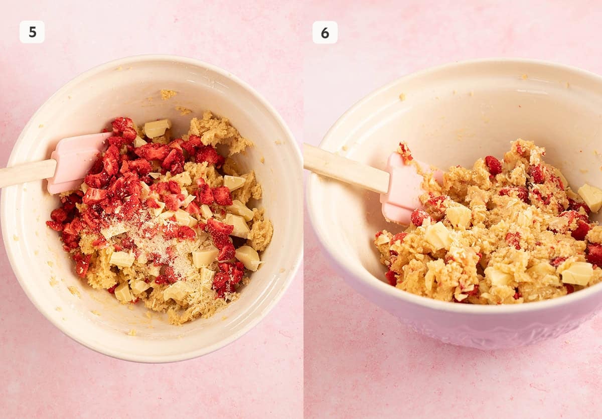 Step by step photos showing how to add strawberries and white chocolate to the cookie dough. 