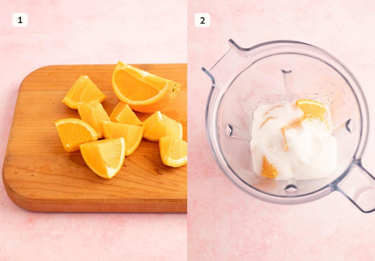 Step by step photos showing how to cut oranges and add sugar.