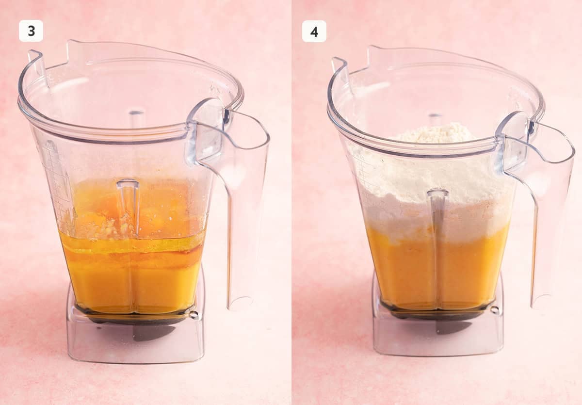 Step by step photos showing how to make orange cake in a blender.