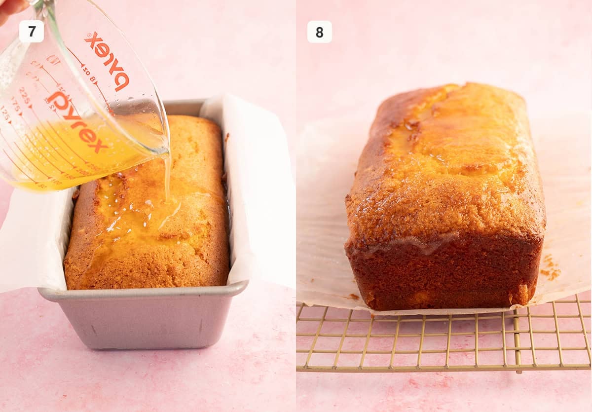 Orange cake being drizzled with glaze.