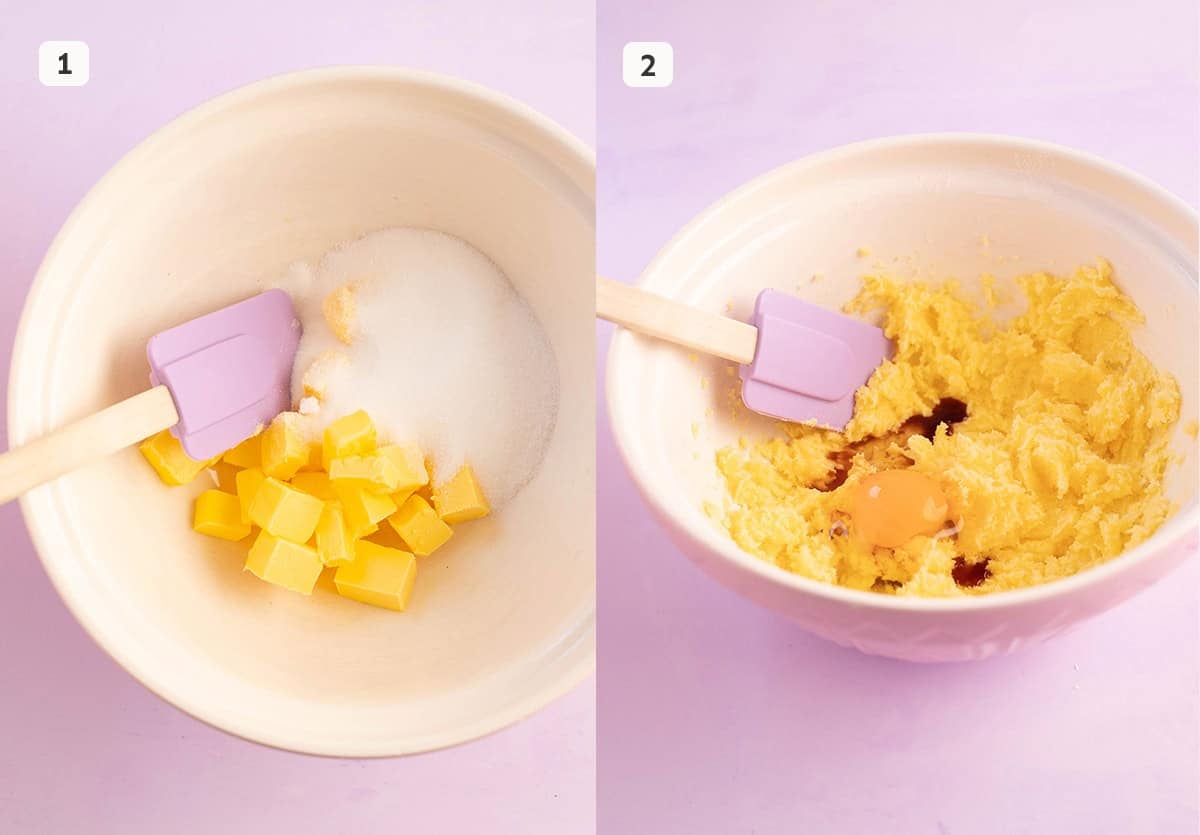 Mixing bowl showing how to mix the butter and sugar.