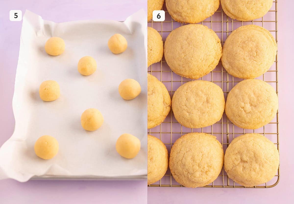 The cookie dough before and after being baked.