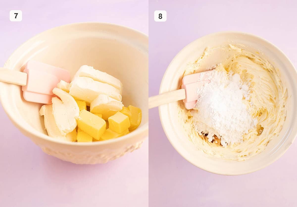 A large mixing bowl with butter and cream cheese.