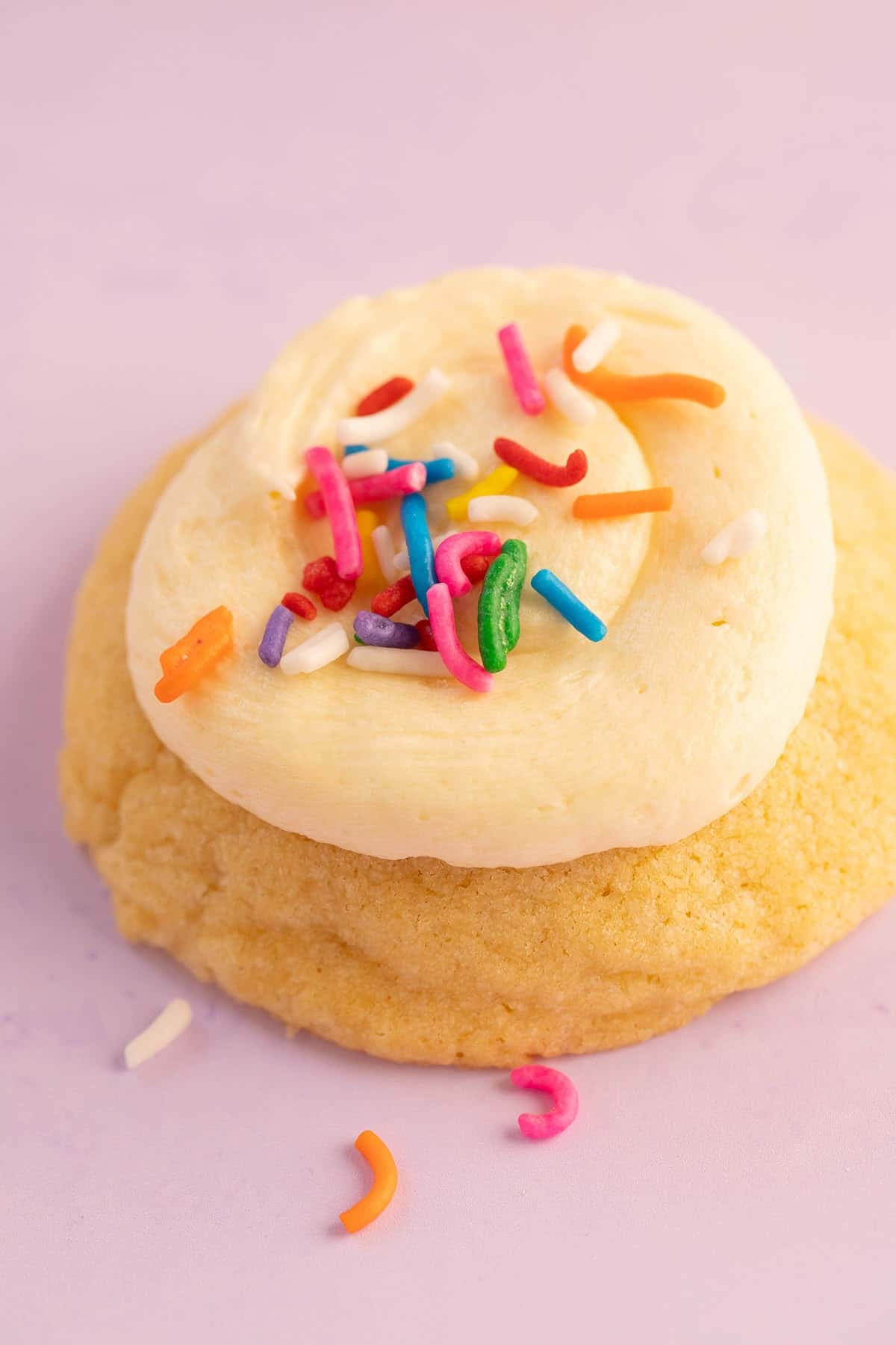 Close up of a lovely frosted cookie topped with sprinkles.